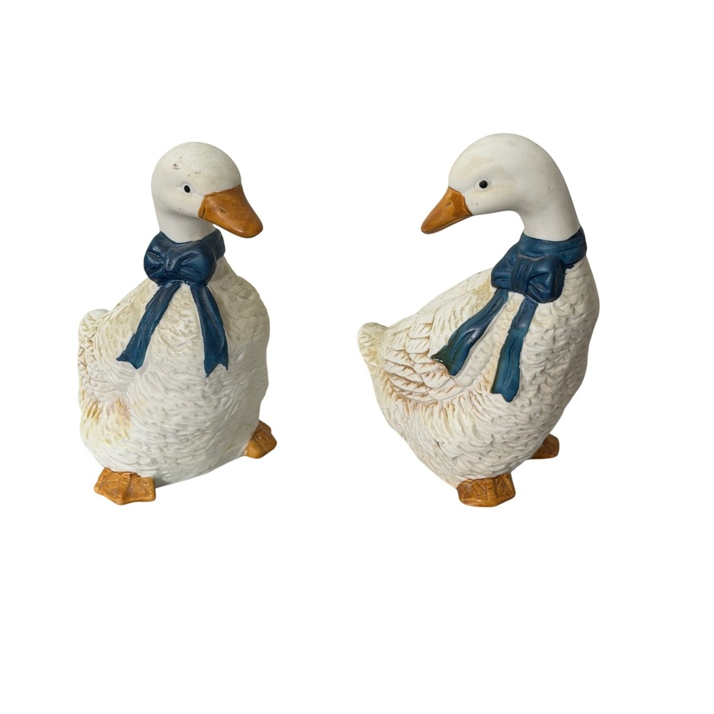 Vintage Ceramic Goose Figurine Pair Unbranded White Blue Bow Country Farmhouse